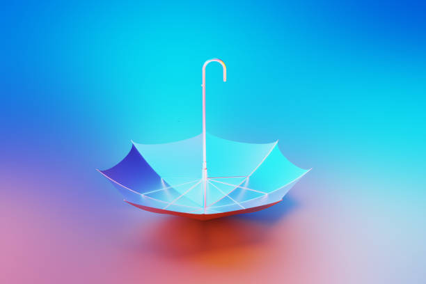 Shiny umbrella object illuminated by blue and pink lights sitting upside down on blue and pink background. Horizontal composition with copy space.