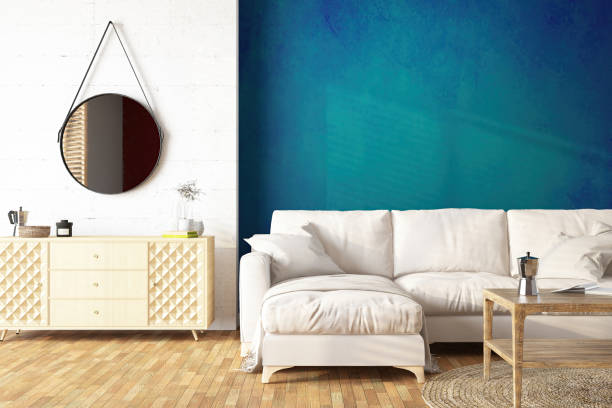 istock Cozy Living Room with Blue Green Wall 1589577115