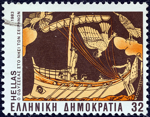 Greek stamp shows Odysseus and Sirens (1983) GREECE - CIRCA 1983: A stamp printed in Greece from the "Homeric epics" issue shows Odysseus and Sirens. ulysses stock pictures, royalty-free photos & images