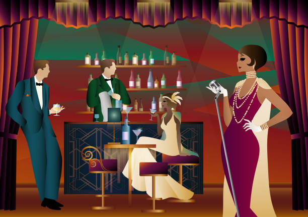 Party with a singer and a bartender in a club Party with a singer and a bartender in a club. Party invitation design in retro art deco style. 1930s style men image created 1920s old fashioned stock illustrations