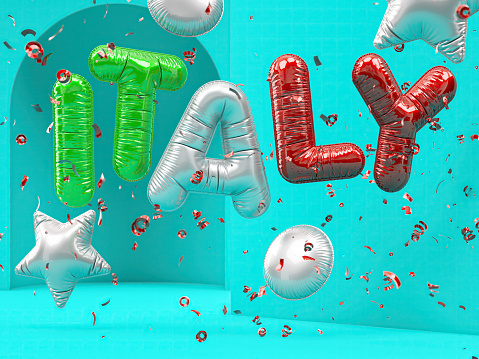 Italy Letter Balloons with Confetti. 3D Render