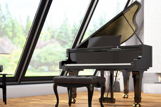 Vintage Grand Piano in a Modern Style Room Vintage Grand Piano in a Modern Style Room. 3D Render expensive grand piano stock pictures, royalty-free photos & images