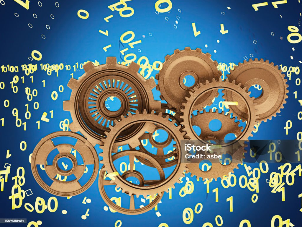 Golden Machine Gear With Binary Code Stock Photo - Download Image Now ...