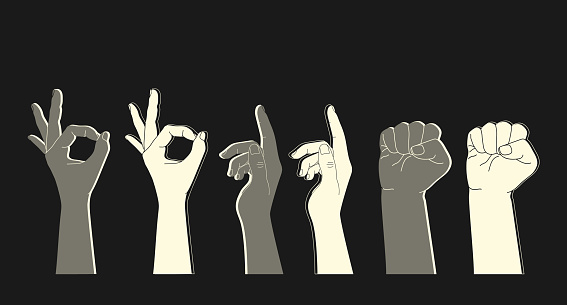 Set of human hands with different gestures. Light and dark hand silhouettes on a black background. Vector illustration