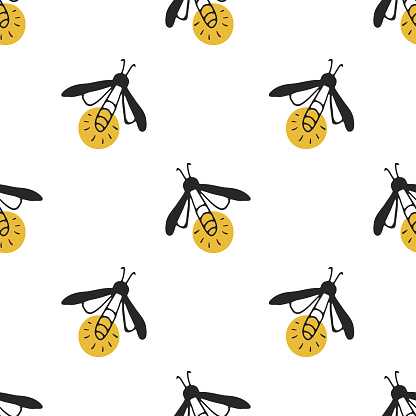 Fireflies doodle. Seamless pattern. Simple print.