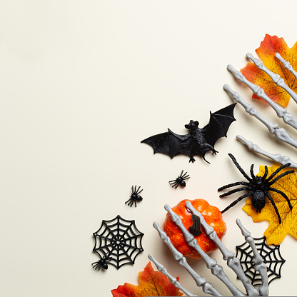 Happy Halloween, trick or treat greeting card with pumpkin, skulls, bony hands and leaves. Flat lay composition, copy space mockup