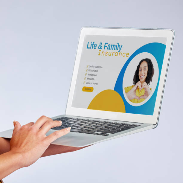 istock Laptop, hands and insurance website with a customer in studio on gray background for life cover sign up. Computer, security or internet with a female person searching for information about protection 1589628423