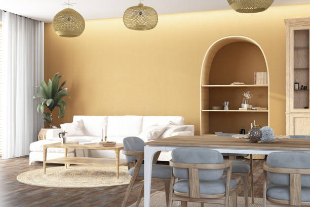 istock Cozy Scandinavian Style Beige Living Room with a Dining Table 1589633772