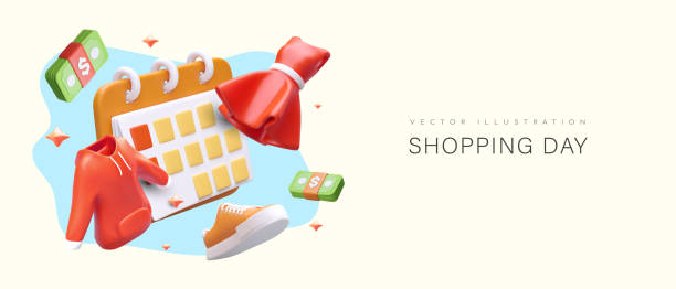 istock Shopping season. Advertising poster with 3D illustration. Colored floating elements 1589638114