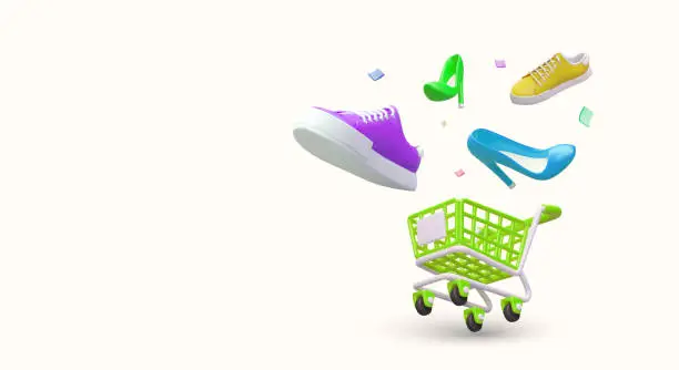 Vector illustration of Funny advertisement of shoe store. Shopping cart, flying colored footwear, price tags