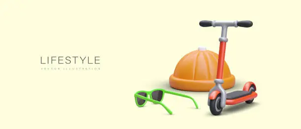 Vector illustration of Ecological lifestyle. 3D scooter, sunglasses, cool youth cap. Careful attitude to nature