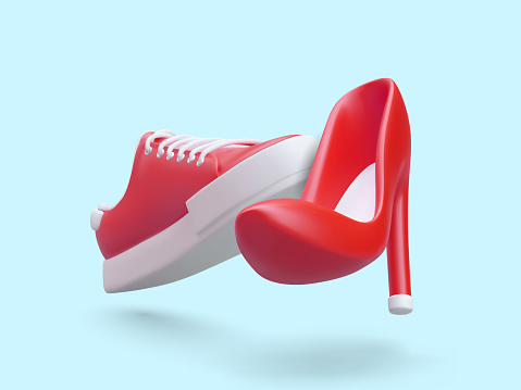 Festive and sports shoes. 3D sneaker, high heeled shoe. Color vector illustration on blue background. Modern fashion. Layout for store, department of women footwear