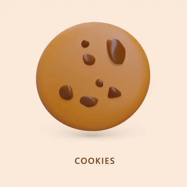 Vector illustration of Single round chocolate chip cookie. Classic sweet pastry. Concept for bakeries, grocery store, cafe