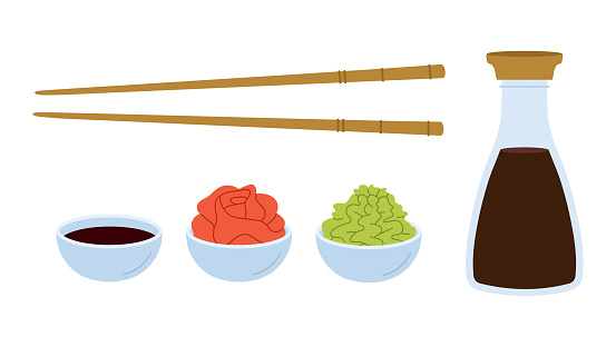 Soy sauce, wasabi, pickled ginger and chopsticks. Set of japanese seasoning for sushi. Flat isolated vector illustration on white background.