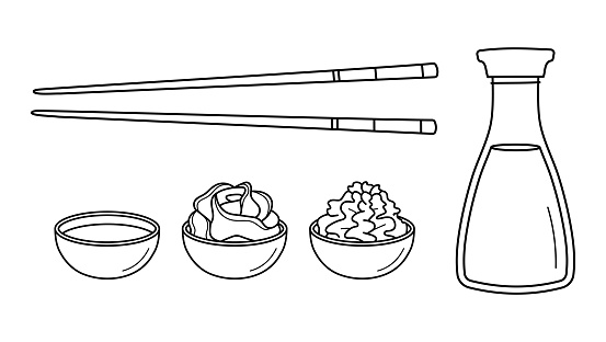 Soy sauce, wasabi, pickled ginger and chopsticks. Asian set in hand drawn doodle style. Vector illustration.