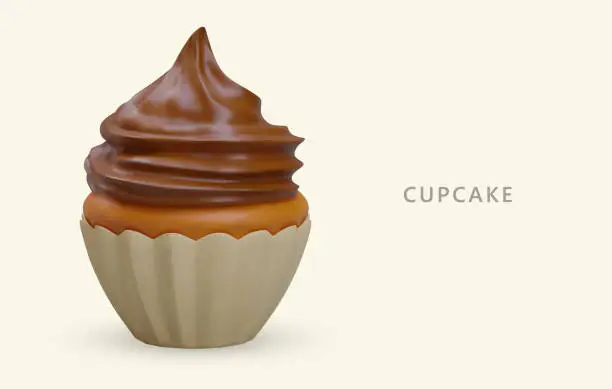 Vector illustration of Realistic cupcake with swirled chocolate cream topping. Muffin in paper package
