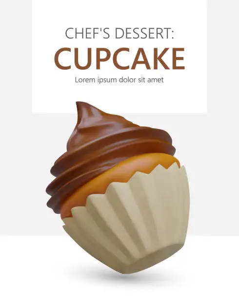 Vector illustration of 3D dessert from chef. Cupcake with whipped chocolate cream