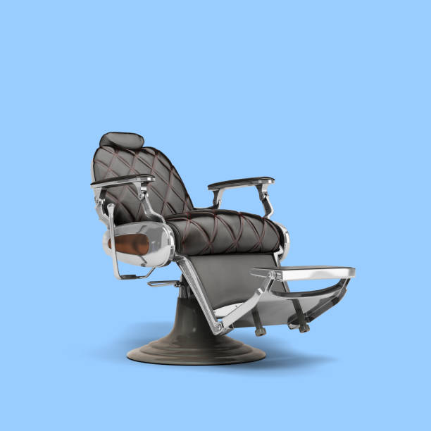 istock Retro black leather barber chair with chrome inserts perspective view 3d render on blue background 1589653202