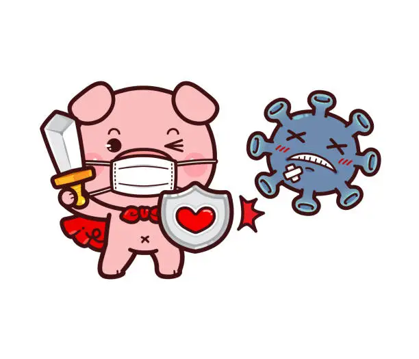 Vector illustration of Cute Little Pig Fighting Virus