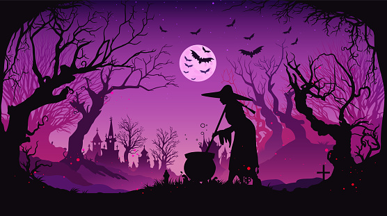 Young Witch brews a potion in Spooky Forest. Old cemetery in spooky forest, scary trees, bats, tombstones