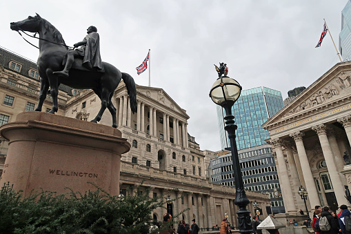 Bank of England, Threadneedle Street, City of London, United Kingdom, March 22, 2023. Symbol of the pound sterling, interest rates, inflation and Government economic monatary policy. Overcast spring day outdoors