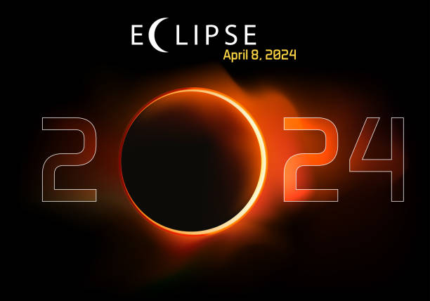 2024 greeting card with a background showing a total solar eclipse. Presentation of the new year 2024 on the theme of astronomy, with a total eclipse of the sun. eclipse stock illustrations