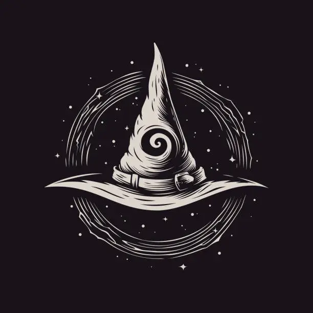 Vector illustration of Hand drawn big wizard hat with magic effect and spiral emblem.