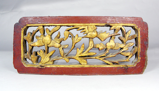 16th century Chinese flower window traditional woodcarving pane, on white background