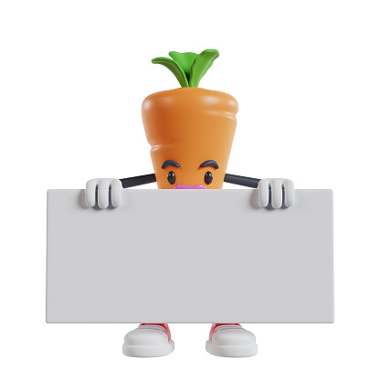 cartoon carrot character standing and holding long white banner with two hands, 3d illustration of cartoon carrot character