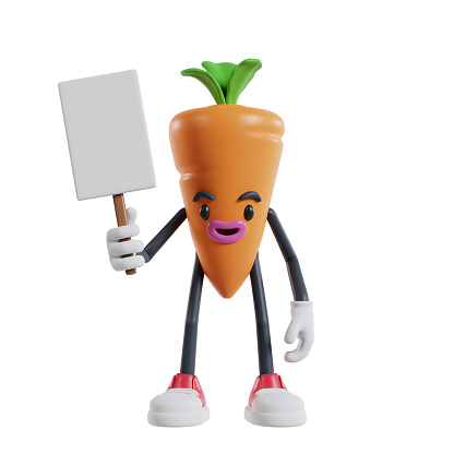cartoon carrot character beverage cans character standing holding white paper placard with right hand, 3d illustration of cartoon carrot character