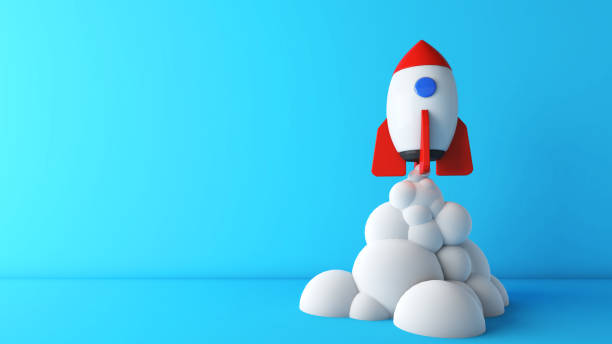 istock Blue background with a rocket going through the clouds, business startup ,Experiencing new challenges, exploring new things, 3D rendering 1589767676