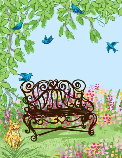 Vector illustration of Cute Garden Scene With Flower, A Bench And A Border Of Leaves
