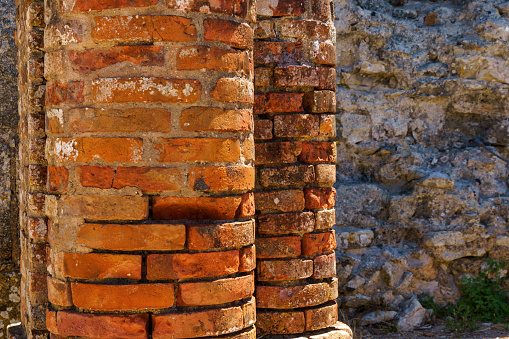 1st century roman brick column detail preserved conserved but weathered and textured found at the Conimbriga Ruins