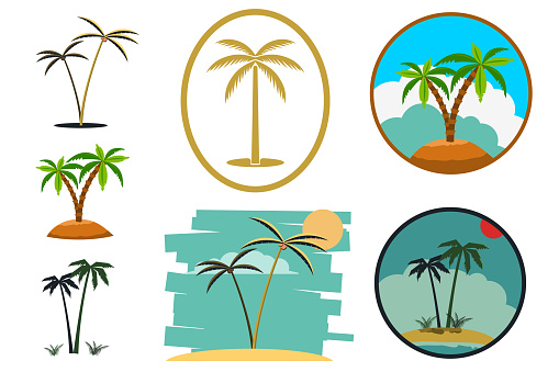 Set of palm tree labels and design elements. Vintage palms illustrations. Vector design  element for emblem, insignia, sign, identity,  poster.