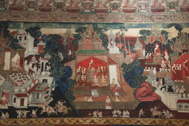 Wall mural painting inside the church at Wat Kongkharam Mon people's artwork, The color of the picture is natural color.Extracted from the bark and flowers in those days Wrote about the history of the Buddha, about 250 years old. Located at Ratchaburi Province in Middle of Thailand.