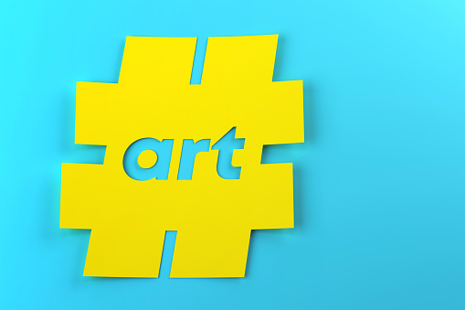 Art Written Yellow Hashtag Note Paper On Blue Background