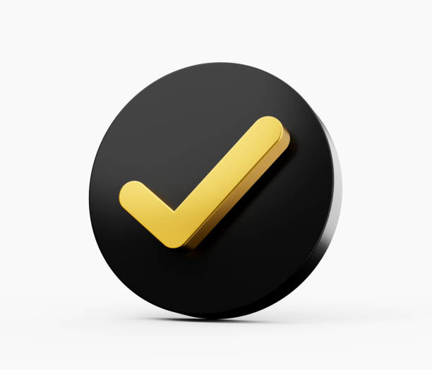 3d Golden Shiny Check Mark Symbol With Rounded Black Icon On White Background 3d Illustration