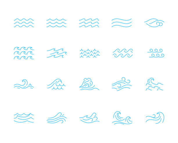 ilustrações, clipart, desenhos animados e ícones de diferentes tipos de água onda azul fino linha ícone conjunto. vetor - onda