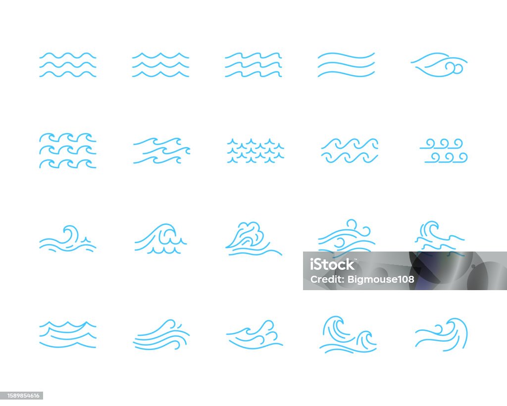 Diferite tipuri Water Wave Blue Thin Line Icon Set. Vector - vector de stoc Val fără redevențe Diferite tipuri Water Wave Blue Thin Line Icon Set. Vector - vector de stoc Val fără redevențe