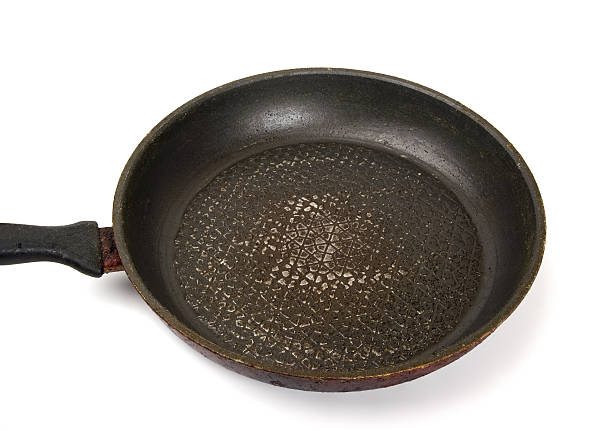 istock Dirty old frying pan on white background 158985710