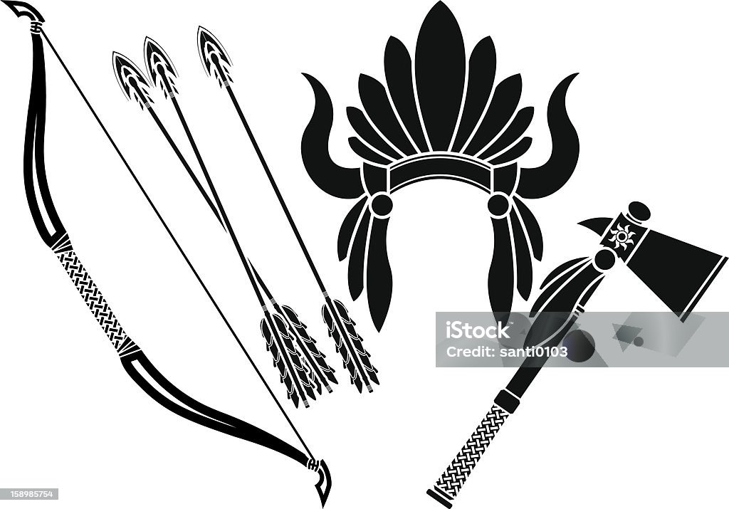 american indian tocado, tomahawk y bow. plantillas - arte vectorial de Tocado - Accesorio de cabeza libre de derechos