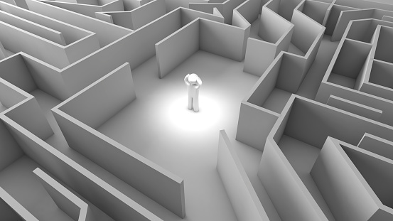 being in difficulty , issues and finding solutions in a maze,3d rendering