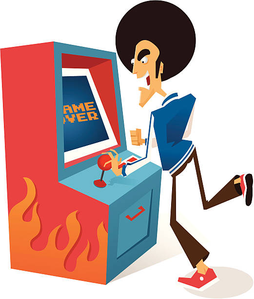 ilustraciones, imágenes clip art, dibujos animados e iconos de stock de afro guy desempeña sala de juegos - arcade amusement arcade leisure games machine