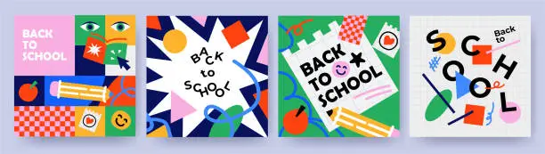 Vector illustration of Back to school, college, education, study concept. Banners or Posters set in trendy doodle style with geometric shapes, bold design elements and modern typography. Templates for ads, branding covers.