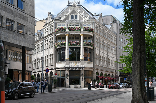 Oslo, Norway, July 7, 2023 - The Theatercafeen at Hotel Continental is a famous cafe located very near National Theater in Oslo, Norway.