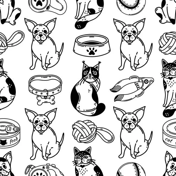 Vector illustration of Cute pets and accessories seamless vector pattern. Goods for animals - dog leash, cat bowl with paw print, food, toy, claw clippers. Veterinary and grooming. Black and white background for poster, web