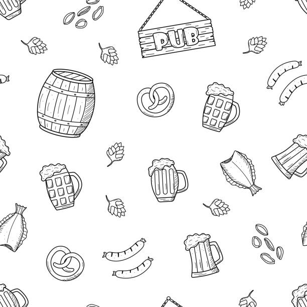 nahtloses muster biergekritzel-symbole. vektorillustration von pub-elementen, bier und snacks. hintergrundtapete oktoberfest oder bar. - pistachio beer nuts nut backgrounds stock-grafiken, -clipart, -cartoons und -symbole