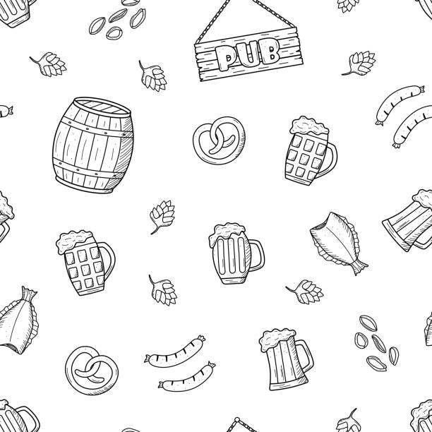 원활한 패턴 맥주 낙서 아이콘입니다. 펍 요소 맥주와 스낵의 벡터 그림입니다. 배경 벽지 옥토버 페스트 또는 바. - pistachio beer nuts nut backgrounds stock illustrations