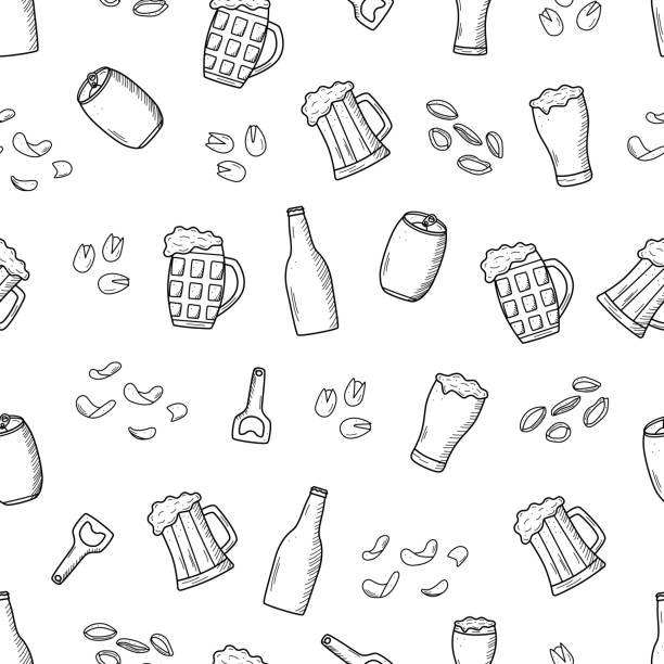 원활한 패턴 맥주 낙서 아이콘입니다. 펍 요소 맥주와 스낵의 벡터 그림입니다. 배경 벽지 옥토버 페스트 또는 바. - pistachio beer nuts nut backgrounds stock illustrations