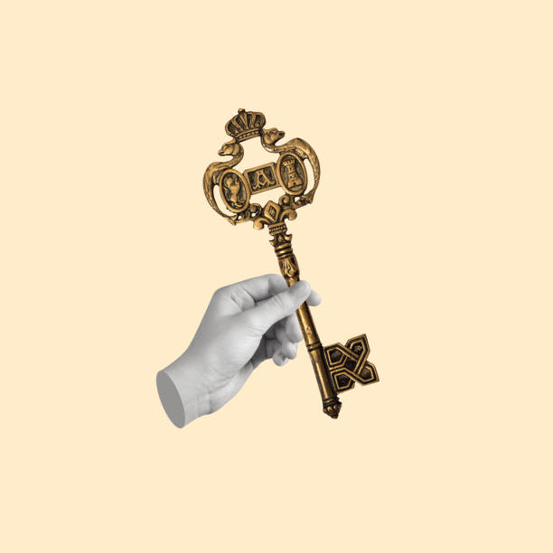 istock Creative art collage of hand with a key. 1589871430